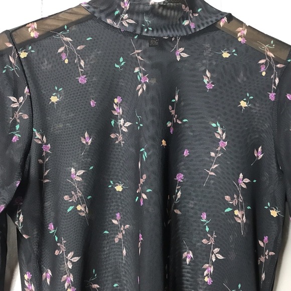 AFRM SHEER MESH BLACK FLORAL PATTERN MOCH TURTLENECK BLOUSE WOMENS SIZE LARGE - Picture 2 of 7